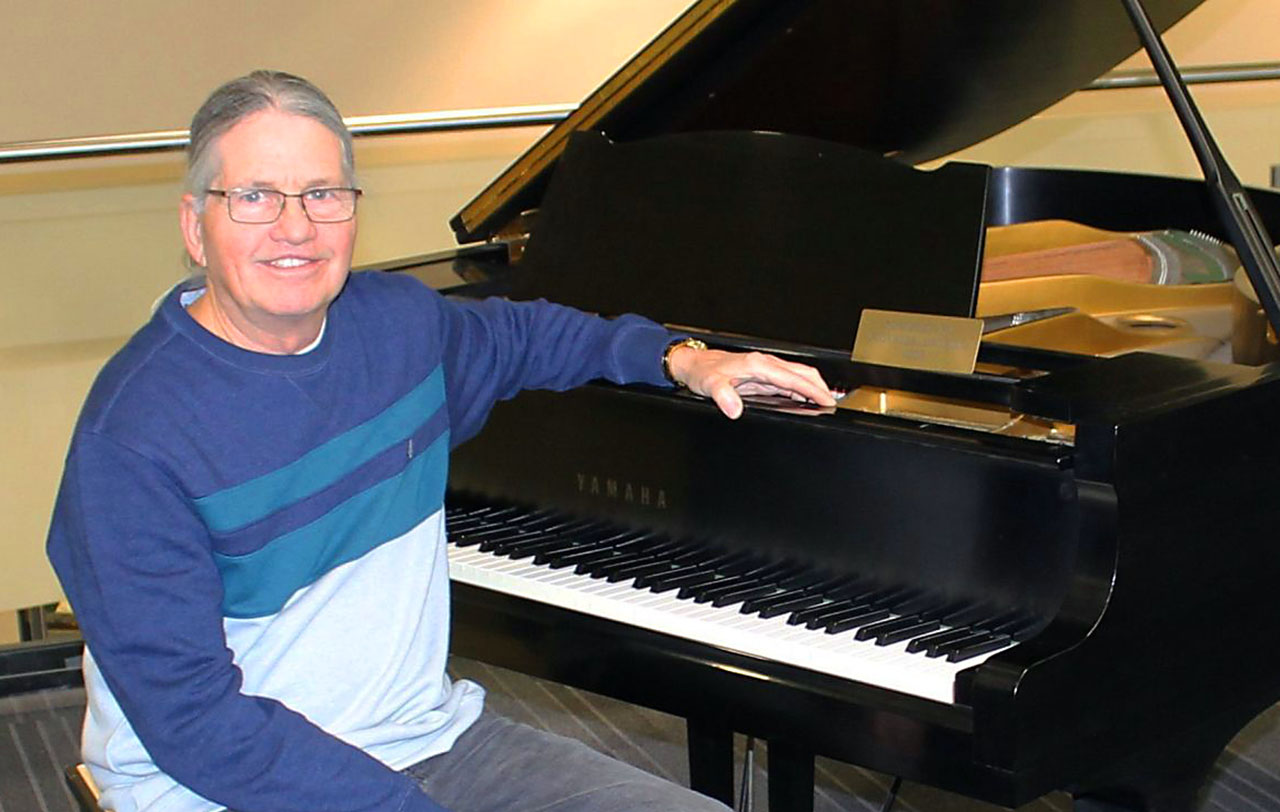 The engraved plate prior to being affixed to the Yamaha G3 piano Chuck Hanson donated to the college.